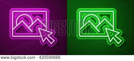 Glowing Neon Line Photo Retouching Icon Isolated On Purple And Green Background. Photographer, Photo