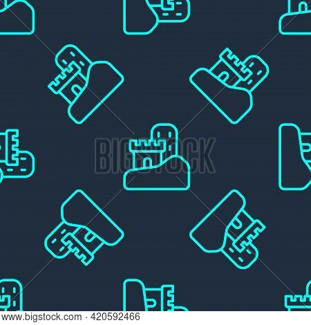Green Line Sand Castle Icon Isolated Seamless Pattern On Blue Background. Vector