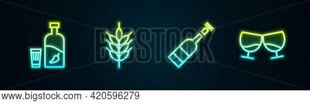 Set Line Vodka With Pepper And Glass, Hop, Opened Bottle Of Wine And Glass Cognac Or Brandy. Glowing