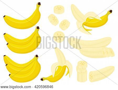 Banana Set. Whole, Half And Peeled Banana, Bunch Of Bananas And Slices Of Banana Isolated On White B