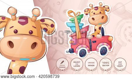 Giraffe In The Car - Cte Sticker. Vector Eps 10
