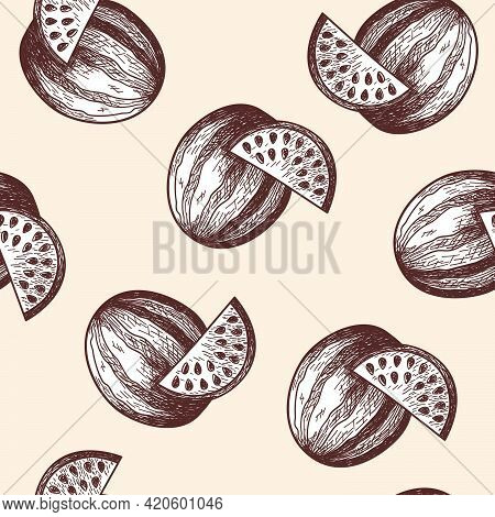 Seamles Pattern Of Watermelon. Hand Drawn Sketch. Retro Vintage Design. Vector Illustration.