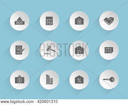 Real Estate Vector Icons On Round Puffy Paper Circles With Transparent Shadows On Blue Background. R