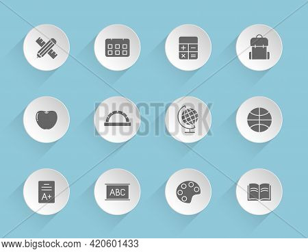 School Vector Icons On Round Puffy Paper Circles With Transparent Shadows On Blue Background. School
