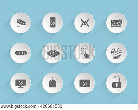 Security Vector Icons On Round Puffy Paper Circles With Transparent Shadows On Blue Background. Secu