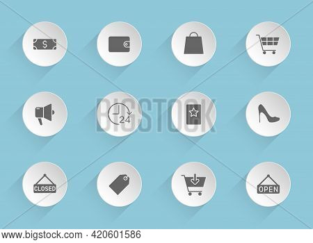 Shopping Vector Icons On Round Puffy Paper Circles With Transparent Shadows On Blue Background. Shop