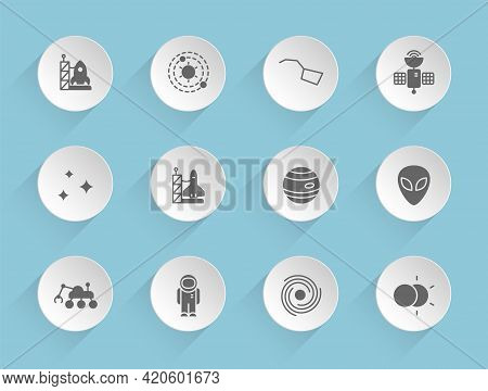 Space Vector Icons On Round Puffy Paper Circles With Transparent Shadows On Blue Background. Space S