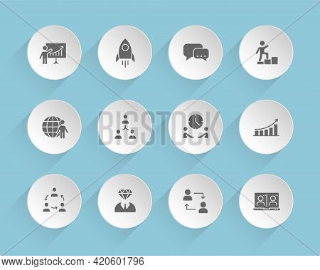 Teamwork Vector Icons On Round Puffy Paper Circles With Transparent Shadows On Blue Background. Team