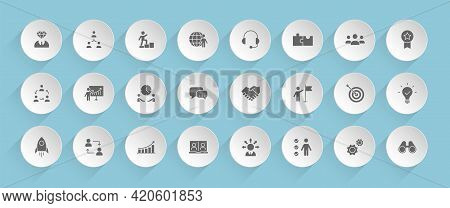 Teamwork Vector Icons On Round Puffy Paper Circles With Transparent Shadows On Blue Background. Team