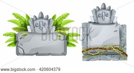Jungle Stone Sign Board, Vector Cartoon Rock Aztec Tablet, Maya Totem Face, Banana Leaves, Vine, Lia