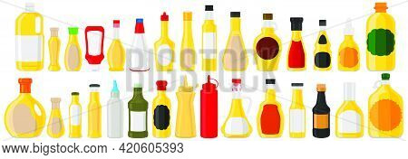 Illustration On Theme Big Kit Varied Glass Bottles Filled Liquid Cheese Sauce. Bottles Consisting Fr