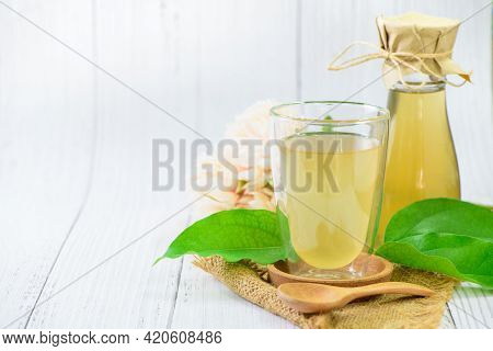 Kombucha Tea With Tiliacora Triandra Or Bamboo Grass Leaf, Cider Fermented Drink. Benefits Of Kombuc