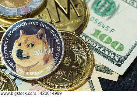 Dogecoin Doge, Bitcoin, Ethereum Eth, Xrp Coin, Included With Cryptocurrency Coin  On Stack 100 Hund