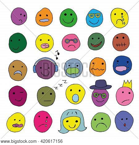 Set Of Vector Faces With Different Emotions Isolated On A White Background. Flat Cartoon Style Suita