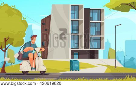 Motorcycle Courier Track And Trace Post Delivery Dispatch Rider In Modern City Cartoon Composition V