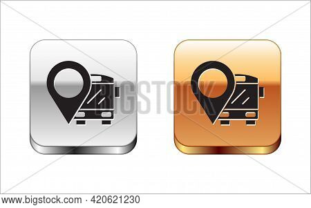 Black Location With Bus Icon Isolated On White Background. Transportation Concept. Bus Tour Transpor