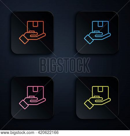 Color Neon Line Delivery Insurance Icon Isolated On Black Background. Insured Cardboard Boxes Beyond