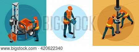 Driller Engineer Uniform Machinery Concept 3 Isometric Background Compositions With Handheld Rock Dr