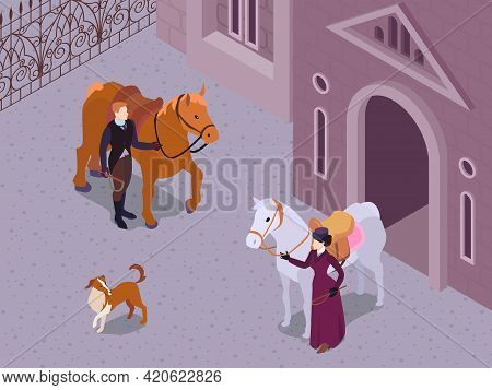 Isometric Victorian Fashion Composition With Outdoor Scenery And Characters Of Gentleman And Lady Sn