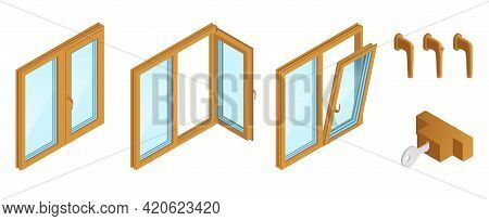 Double Casements Wooden Windows With Accessories Isometric Set On White Background Isolated Vector I