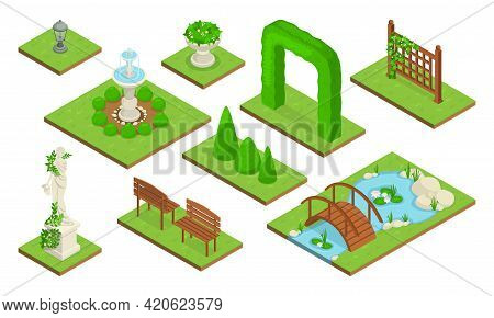 Isometric Landscape Design Park Icon Set With An Arch Of Greenery On The Lawn A Beautiful Statue Ben