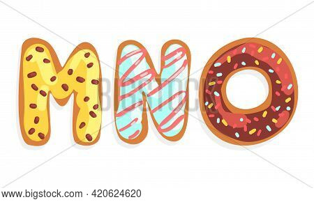Mno Cookie Alphabet Letters, Sweet Glazed Baking Biscuit Font Cartoon Vector Illustration