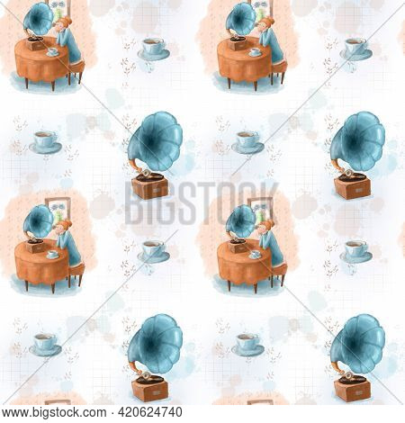 Girl Listening Musik, Seamless Pattern With Watercolor Elements With Cartoon Character And Cup Of Te