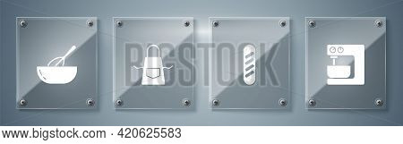 Set Electric Mixer, French Baguette Bread, Kitchen Apron And Whisk And Bowl. Square Glass Panels. Ve