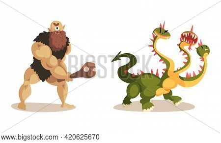 Ancient Mythical Creatures Set, Cyclops Caveman With Cudgel, Three Headed Dragon, Cartoon Vector Ill