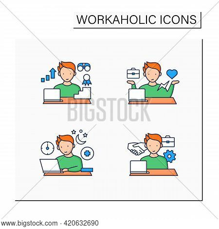 Workaholic Color Icons Set. Workaholism Prevention, Consequences. Workaholism Treatment, Ethic, Dile
