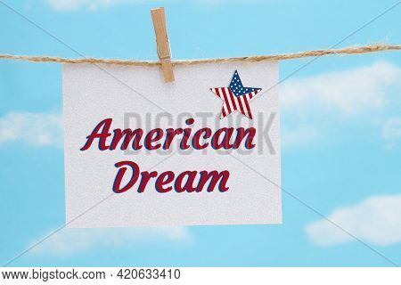 American Dream White Greeting Card With Usa Flag Star Over Hanging Clear Blue Sky