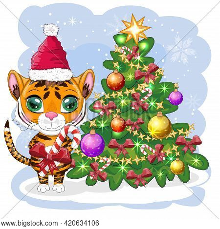Cartoon Tiger Wearing A Santa Hat With Candy Cane Near The Christmas Tree. Children's Style, Sweethe