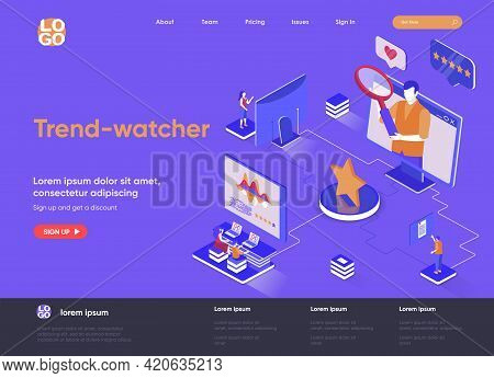 Trend-watcher Isometric Landing Page. Professional Trend Watching Occupation, Marketing Research And