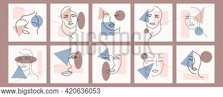 Abstract Woman Portrait By Simple Lines. Minimal Style Portrait. Geometric Shapes, Trendy Style. Wom