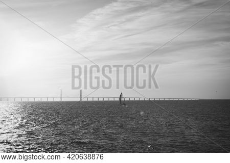 210501 Malmo Sweden - Black And White Photo Over Oresundsbron Between Sweden And Denmark. High Quali