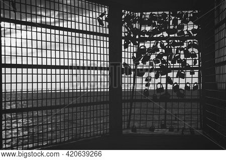 210501 Malmo Sweden - Black And White Photo Over Pier Of Love Locks. High Quality Photo