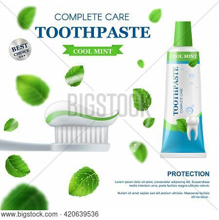 Mint Toothpaste, Dental Care Vector Design With Realistic 3d Toothbrush, Squeeze And Tube Of Toothpa