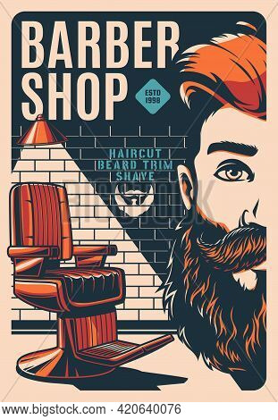 Barbershop Retro Poster With Man Beard And Mustaches, Vector. Barber Shop Vintage Poster Or Sign Wit