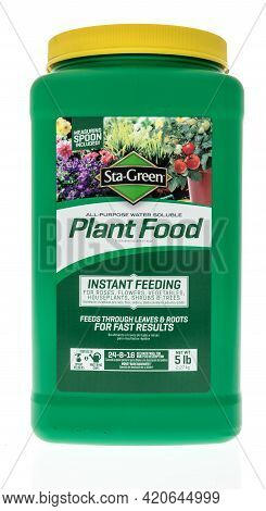 Winneconne, Wi - 16 May 2021:  A Package Of Sta Green Flower And Vegetable Plant Food On An Isolated