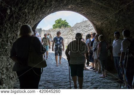 Marksburg, Germany - July 07, 2018: Pedestrian Crossing For People In Of The Fortress Wall Of The Ca
