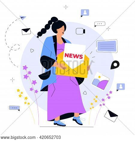 Newsletter. E-mail Marketing Concept. A Young Girl Holds Huge Messages. Advertising Media, Target Co