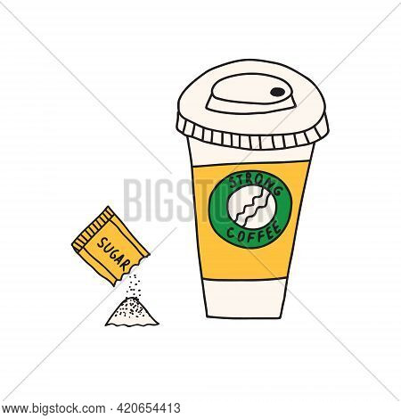 Hand Drawn Doodle Vector Illustration Of Hot Coffee In A Paper To Go Cup With A Protective Sleave. I