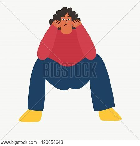 A Frustrated Girl Sits On The Floor With Her Head Propped Up. Sad, Depressive Vector Girl