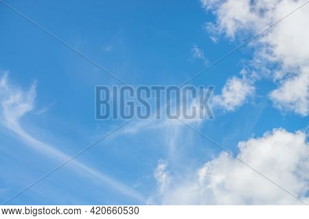 Scenic Nature Landscape With Beautiful Cirrus Clouds In Blue Sky. Colorful Cloudscape With Spindrift