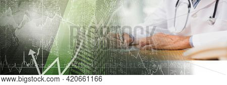 Composition of financial data processing over male doctor writing. medicine and healthcare services concept digitally generated image.