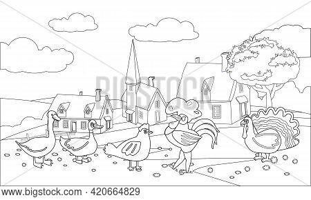 Farm Animals Coloring Book Educational Illustration For Children. Set Cute Cow, Buffolo, Sheep, Duck