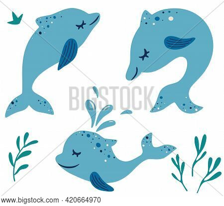 Set Of Cute Dolphins. Different Poses. Marine Mammals. Cartoon Characters Funny Dolphin. Collection 