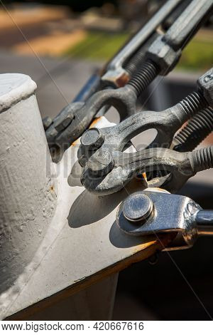 Detail Of A Boat Turnbuckle For Wire Rope Sling. Steel Turnbuckle, Fastening And Connections Concept