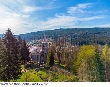 Church Of Saint Peter And Paul In Horni Tanvald, Czech Republic . Aerial View From Drone.