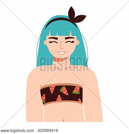Girl In A Swimsuit On Vacation. Woman With White Skin In Beachwear. An Adorable Smiling Young Woman 